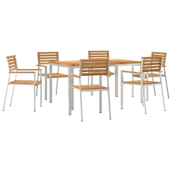 7-teiliges Garten Essset aus massivem Teakholz, Außentisch 150x90x75 cm aus massivem Teakholz, Stapelbare Gartenstühle 2 Stück aus massivem Teak und Stahl, Stapelbare Gartenstühle 4 Stück aus massivem Teak und Stahl