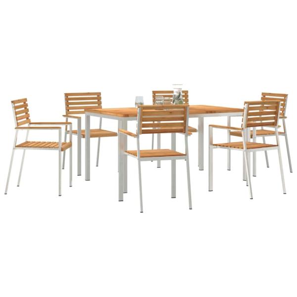 7-teiliges Garten Essset aus massivem Teakholz, Außentisch 150x90x75 cm aus massivem Teakholz, Stapelbare Gartenstühle 2 Stück aus massivem Teak und Stahl, Stapelbare Gartenstühle 4 Stück aus massivem Teak und Stahl