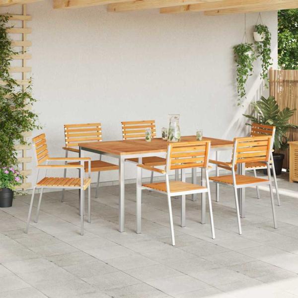 7-teiliges Garten Essset aus massivem Teakholz, Außentisch 150x90x75 cm aus massivem Teakholz, Stapelbare Gartenstühle 2 Stück aus massivem Teak und Stahl, Stapelbare Gartenstühle 4 Stück aus massivem Teak und Stahl