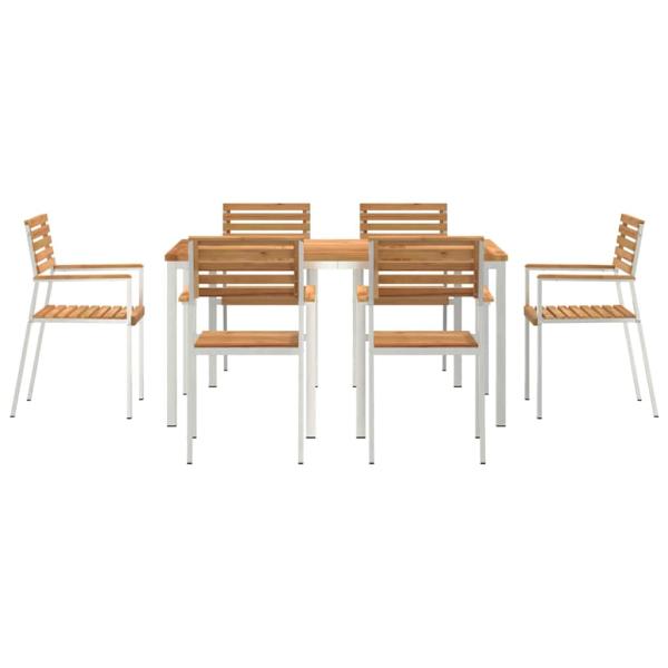 7-teiliges Garten Essset aus massivem Teakholz, Außentisch 150x90x75 cm aus massivem Teakholz, Stapelbare Gartenstühle 2 Stück aus massivem Teak und Stahl, Stapelbare Gartenstühle 4 Stück aus massivem Teak und Stahl