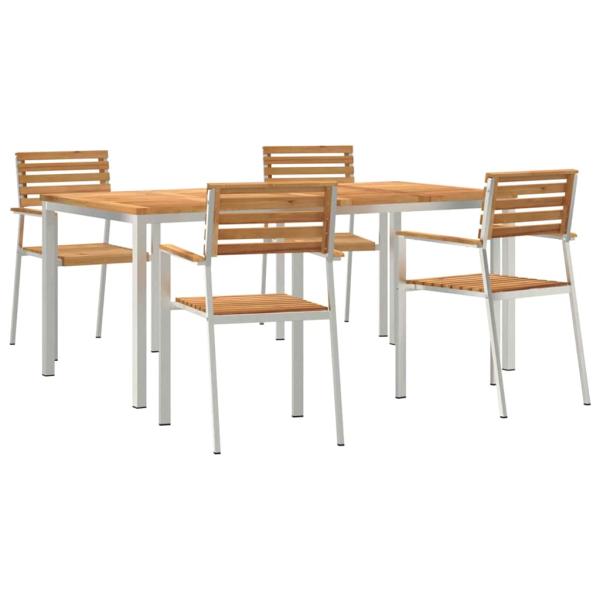 Garten Essgruppe mit 5 Teilen aus massivem Teakholz, Garten Esstisch 180x90x75 cm aus massivem Teakholz, stapelbare Gartenstühle 4 Stück aus massivem Teakholz und Stahl