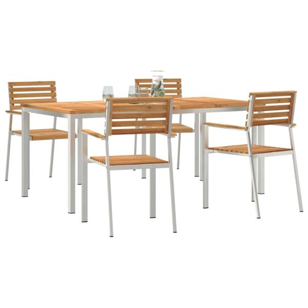 Garten Essgruppe mit 5 Teilen aus massivem Teakholz, Garten Esstisch 180x90x75 cm aus massivem Teakholz, stapelbare Gartenstühle 4 Stück aus massivem Teakholz und Stahl