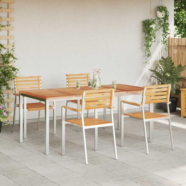 Garten Essgruppe mit 5 Teilen aus massivem Teakholz, Garten Esstisch 180x90x75 cm aus massivem Teakholz, stapelbare Gartenstühle 4 Stück aus massivem Teakholz und Stahl