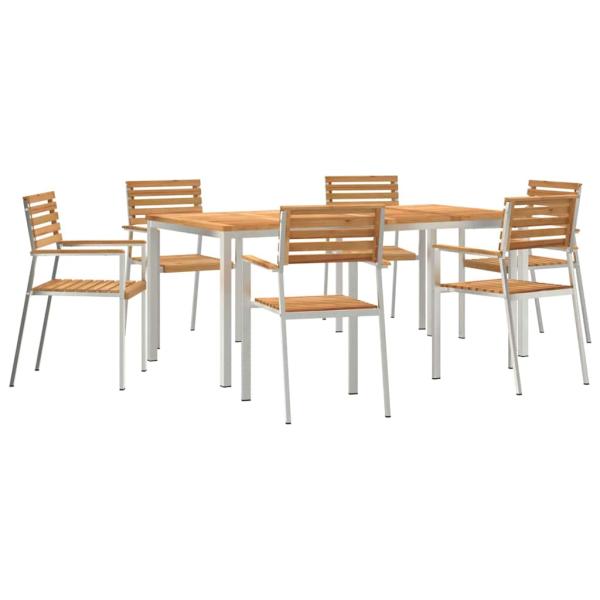 7-teiliges Garten Esstisch Set aus massivem Teakholz, Outdoor Esstisch 180x90x75 cm aus massivem Teakholz, Stapelbare Gartenstühle 2 Stück aus massivem Teakholz und Stahl, Stapelbare Gartenstühle 4 Stück aus massivem Teakholz und Stahl