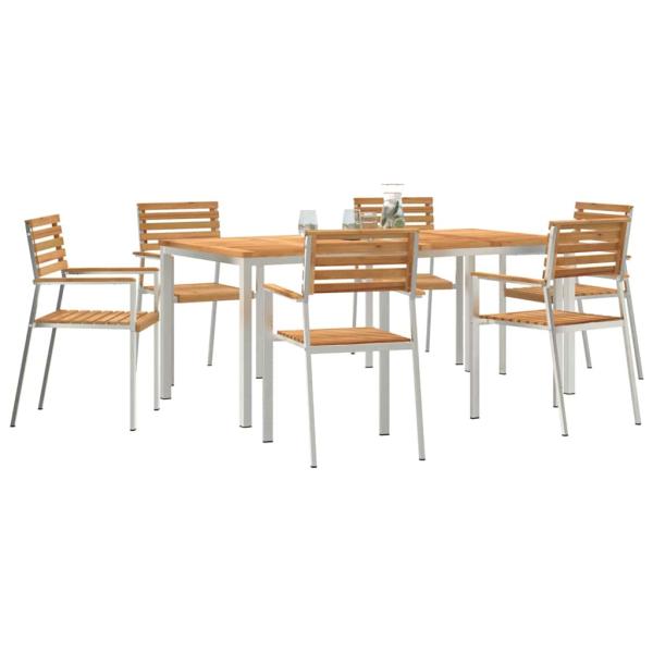 7-teiliges Garten Esstisch Set aus massivem Teakholz, Outdoor Esstisch 180x90x75 cm aus massivem Teakholz, Stapelbare Gartenstühle 2 Stück aus massivem Teakholz und Stahl, Stapelbare Gartenstühle 4 Stück aus massivem Teakholz und Stahl