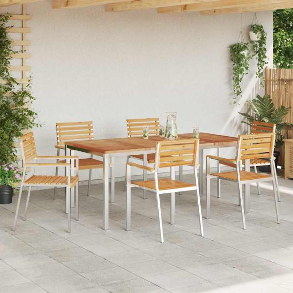 7-teiliges Garten Esstisch Set aus massivem Teakholz, Outdoor Esstisch 180x90x75 cm aus massivem Teakholz, Stapelbare Gartenstühle 2 Stück aus massivem Teakholz und Stahl, Stapelbare Gartenstühle 4 Stück aus massivem Teakholz und Stahl