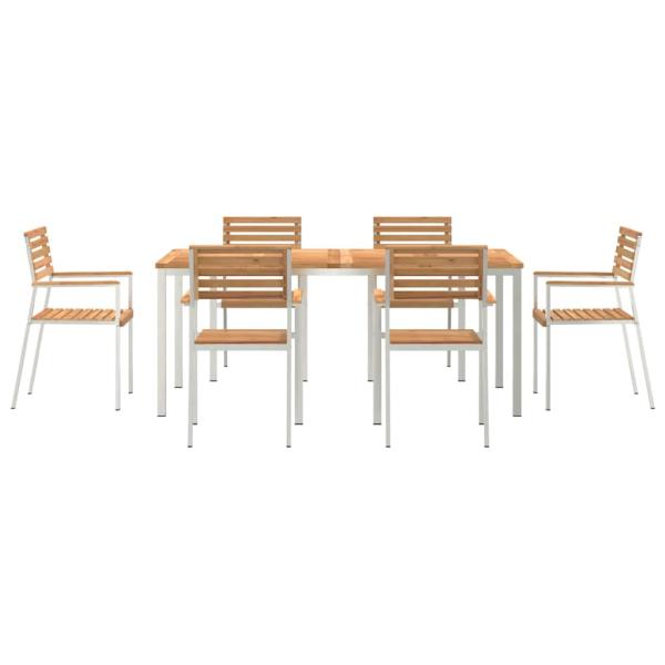 7-teiliges Garten Esstisch Set aus massivem Teakholz, Outdoor Esstisch 180x90x75 cm aus massivem Teakholz, Stapelbare Gartenstühle 2 Stück aus massivem Teakholz und Stahl, Stapelbare Gartenstühle 4 Stück aus massivem Teakholz und Stahl