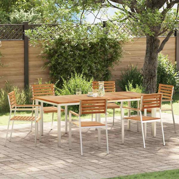 ARDEBO.de - 7-teiliges Gartentischset aus massivem Holz Teak, Outdoor-Eßtisch 200x90x74,5 cm aus massivem Holz Teak, Stapelbare Gartenstühle 2 Stück aus massivem Holz Teak und Stahl, Stapelbare Gartenstühle 4 Stück aus massivem Holz Teak und Stahl
