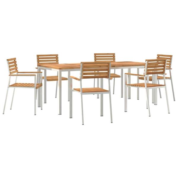 7-teiliges Gartentischset aus massivem Holz Teak, Outdoor-Eßtisch 200x90x74,5 cm aus massivem Holz Teak, Stapelbare Gartenstühle 2 Stück aus massivem Holz Teak und Stahl, Stapelbare Gartenstühle 4 Stück aus massivem Holz Teak und Stahl