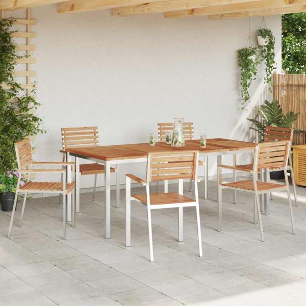 7-teiliges Gartentischset aus massivem Holz Teak, Outdoor-Eßtisch 200x90x74,5 cm aus massivem Holz Teak, Stapelbare Gartenstühle 2 Stück aus massivem Holz Teak und Stahl, Stapelbare Gartenstühle 4 Stück aus massivem Holz Teak und Stahl