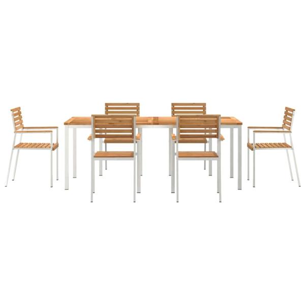 7-teiliges Gartentischset aus massivem Holz Teak, Outdoor-Eßtisch 200x90x74,5 cm aus massivem Holz Teak, Stapelbare Gartenstühle 2 Stück aus massivem Holz Teak und Stahl, Stapelbare Gartenstühle 4 Stück aus massivem Holz Teak und Stahl