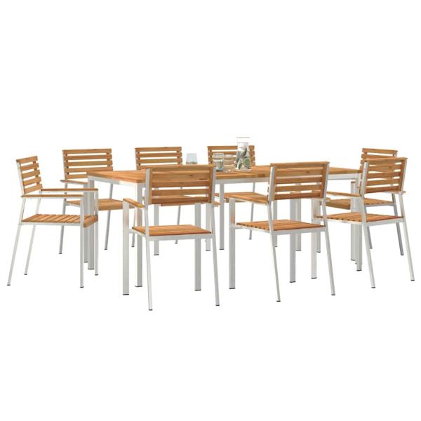 9-teiliges Garten Essset Massivholz Teak, Garten Esstisch 200x90x74.5 cm Massivholz Teak, Stapelbare Gartenstühle 4 Stück Massivholz Teak und Stahl