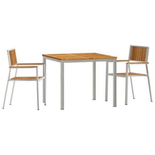 3-teiliges Garten Esszimmer Set Massivholz Akazie, Esstisch 90x90x74.5 cm Massivholz Akazie, Stapelbare Gartenstühle 2 Stück Massivholz Akazie und Metall