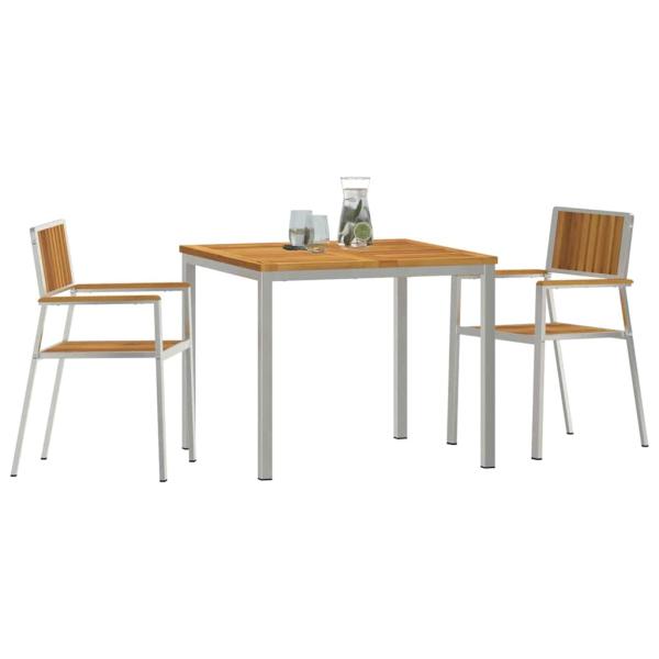 3-teiliges Garten Esszimmer Set Massivholz Akazie, Esstisch 90x90x74.5 cm Massivholz Akazie, Stapelbare Gartenstühle 2 Stück Massivholz Akazie und Metall