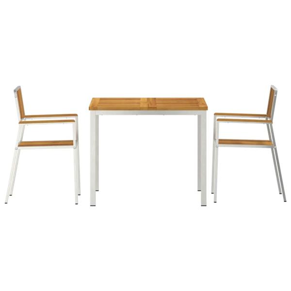 3-teiliges Garten Esszimmer Set Massivholz Akazie, Esstisch 90x90x74.5 cm Massivholz Akazie, Stapelbare Gartenstühle 2 Stück Massivholz Akazie und Metall