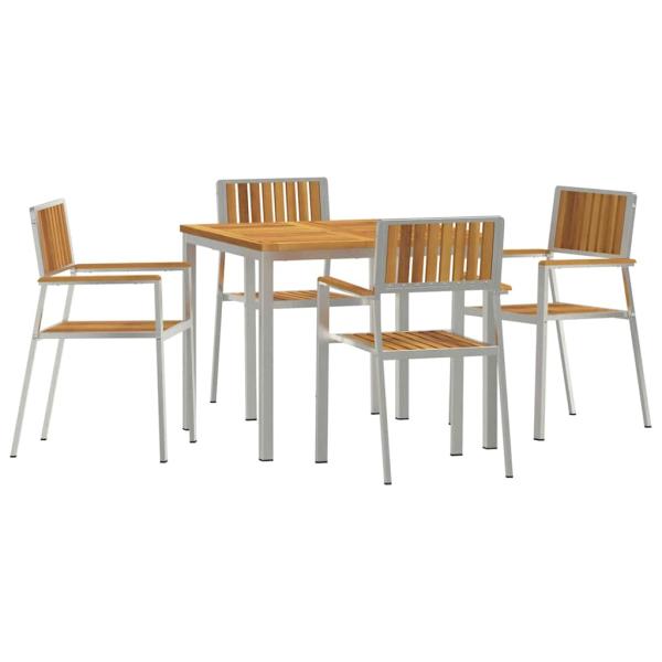 5-teiliges Garten-Dining-Set aus Massivholz Akazie, Esstisch für draußen 90x90x74.5 cm aus Massivholz Akazie, Stapelbare Gartenstühle 4 Stück aus Massivholz Akazie und Metall