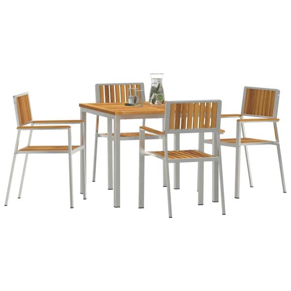 5-teiliges Garten-Dining-Set aus Massivholz Akazie, Esstisch für draußen 90x90x74.5 cm aus Massivholz Akazie, Stapelbare Gartenstühle 4 Stück aus Massivholz Akazie und Metall
