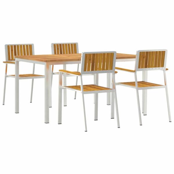5-teilige Garten Essgruppe aus massivem Akazienholz, Esstisch für draußen 150x90x75 cm aus massivem Akazienholz, Stapelbare Gartenstühle 4 Stück aus massivem Akazienholz und Metall