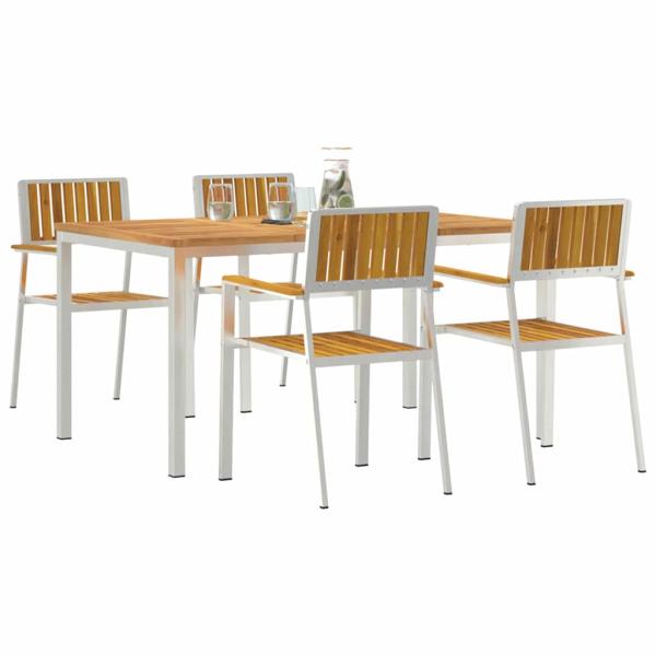 5-teilige Garten Essgruppe aus massivem Akazienholz, Esstisch für draußen 150x90x75 cm aus massivem Akazienholz, Stapelbare Gartenstühle 4 Stück aus massivem Akazienholz und Metall