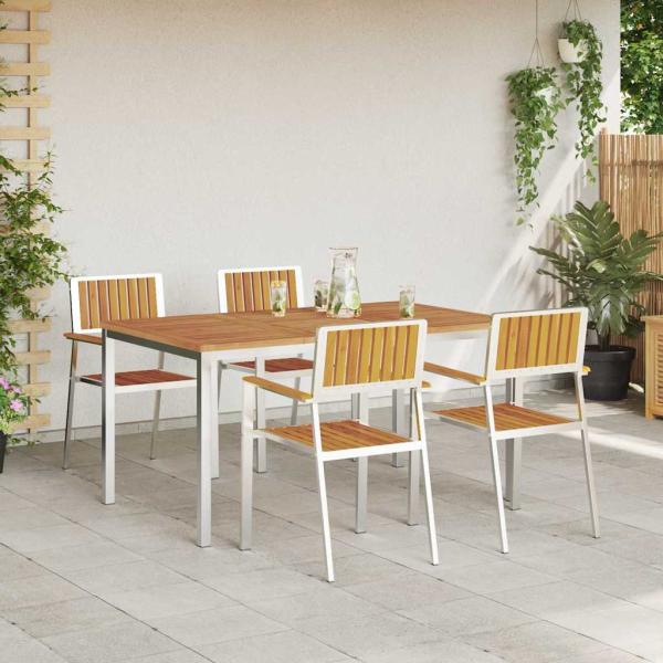 5-teilige Garten Essgruppe aus massivem Akazienholz, Esstisch für draußen 150x90x75 cm aus massivem Akazienholz, Stapelbare Gartenstühle 4 Stück aus massivem Akazienholz und Metall