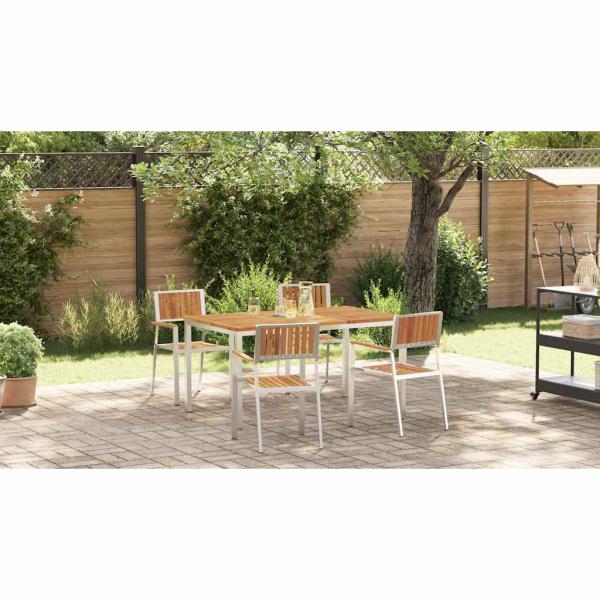 5-teilige Garten Essgruppe aus massivem Akazienholz, Esstisch für draußen 150x90x75 cm aus massivem Akazienholz, Stapelbare Gartenstühle 4 Stück aus massivem Akazienholz und Metall