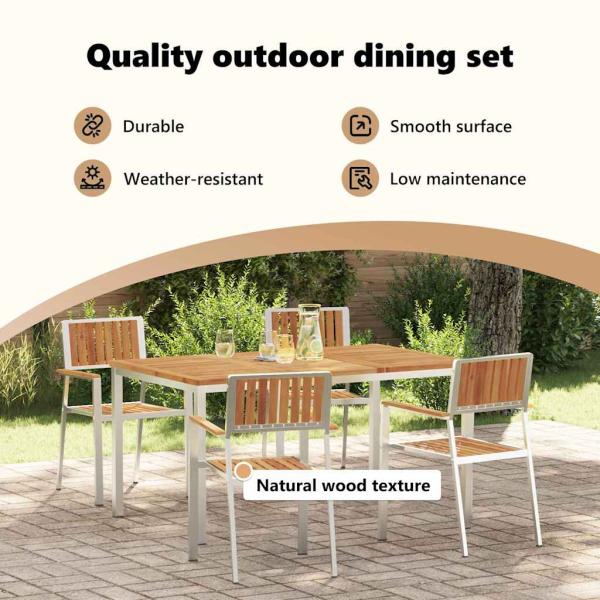 5-teilige Garten Essgruppe aus massivem Akazienholz, Esstisch für draußen 150x90x75 cm aus massivem Akazienholz, Stapelbare Gartenstühle 4 Stück aus massivem Akazienholz und Metall