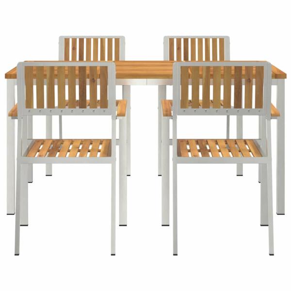5-teilige Garten Essgruppe aus massivem Akazienholz, Esstisch für draußen 150x90x75 cm aus massivem Akazienholz, Stapelbare Gartenstühle 4 Stück aus massivem Akazienholz und Metall