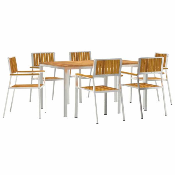 7-teiliges Garten Essgruppe aus massivem Akazienholz, Esstisch 150x90x75 cm aus massivem Akazienholz, Stapelbare Gartenstühle 2 Stück aus massivem Akazienholz und Metall, Stapelbare Gartenstühle 4 Stück aus massivem Akazienholz und Metall
