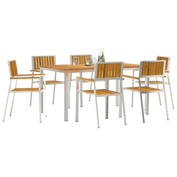 7-teiliges Garten Essgruppe aus massivem Akazienholz, Esstisch 150x90x75 cm aus massivem Akazienholz, Stapelbare Gartenstühle 2 Stück aus massivem Akazienholz und Metall, Stapelbare Gartenstühle 4 Stück aus massivem Akazienholz und Metall