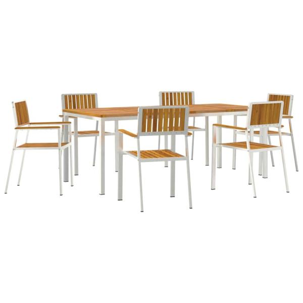 7-teilige Garten Essgruppe aus massivem Akazienholz, Outdoor Esstisch 200x90x74,5 cm aus massivem Akazienholz, Stapelbare Gartenstühle 2 Stück aus massivem Akazienholz und Metall, Stapelbare Gartenstühle 4 Stück aus massivem Akazienholz und Metall