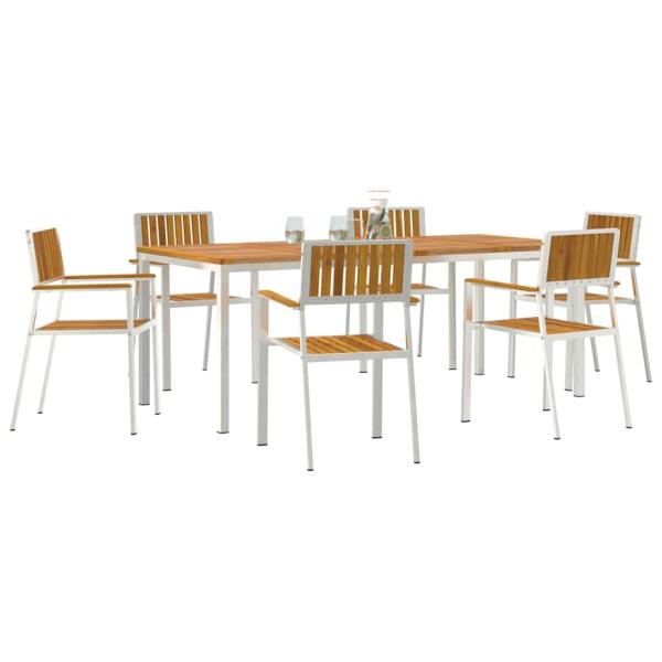 7-teilige Garten Essgruppe aus massivem Akazienholz, Outdoor Esstisch 200x90x74,5 cm aus massivem Akazienholz, Stapelbare Gartenstühle 2 Stück aus massivem Akazienholz und Metall, Stapelbare Gartenstühle 4 Stück aus massivem Akazienholz und Metall