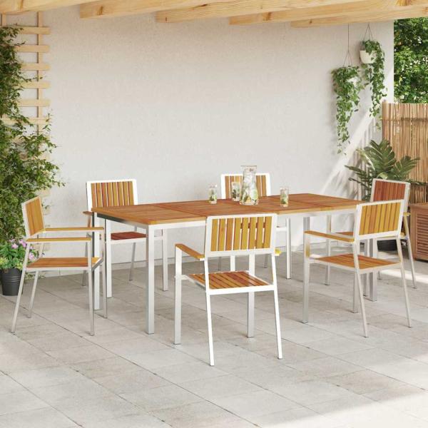 7-teilige Garten Essgruppe aus massivem Akazienholz, Outdoor Esstisch 200x90x74,5 cm aus massivem Akazienholz, Stapelbare Gartenstühle 2 Stück aus massivem Akazienholz und Metall, Stapelbare Gartenstühle 4 Stück aus massivem Akazienholz und Metall