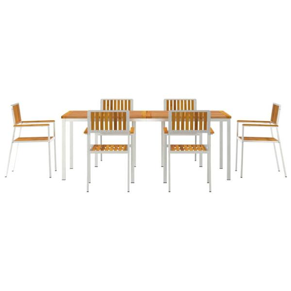 7-teilige Garten Essgruppe aus massivem Akazienholz, Outdoor Esstisch 200x90x74,5 cm aus massivem Akazienholz, Stapelbare Gartenstühle 2 Stück aus massivem Akazienholz und Metall, Stapelbare Gartenstühle 4 Stück aus massivem Akazienholz und Metall