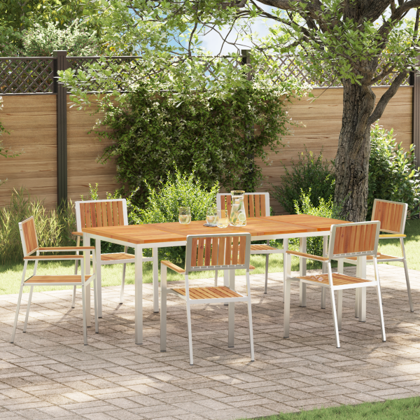 7-teilige Garten Essgruppe aus massivem Akazienholz, Outdoor Esstisch 200x90x74,5 cm aus massivem Akazienholz, Stapelbare Gartenstühle 2 Stück aus massivem Akazienholz und Metall, Stapelbare Gartenstühle 4 Stück aus massivem Akazienholz und Metall