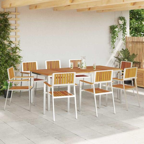 9-teiliges Garten Essgruppe aus solidem Akazienholz, Outdoor Esstisch 200x90x74.5 cm aus solidem Akazienholz, Stapelbare Gartenstühle 4 Stück aus solidem Akazienholz und Metall