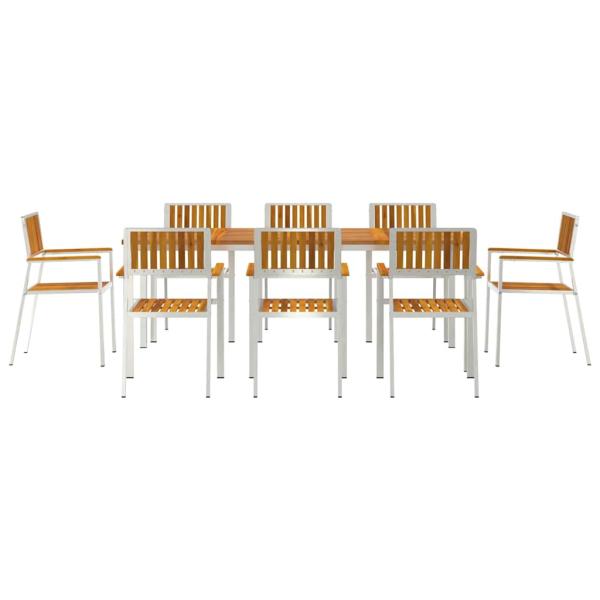 9-teiliges Garten Essgruppe aus solidem Akazienholz, Outdoor Esstisch 200x90x74.5 cm aus solidem Akazienholz, Stapelbare Gartenstühle 4 Stück aus solidem Akazienholz und Metall