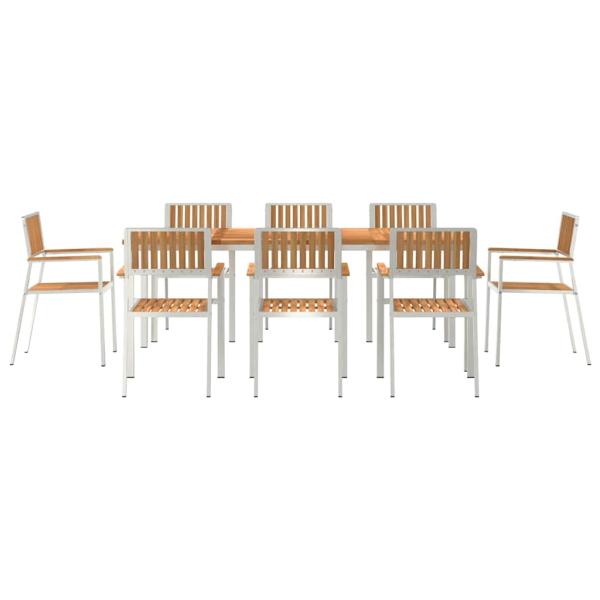 9-teilige Garten Essgruppe Massivholz Teak, Outdoor Esstisch 200x90x74.5 cm Massivholz Teak, Stapelbare Gartenstühle 4 Stück Massivholz Teak und Metall