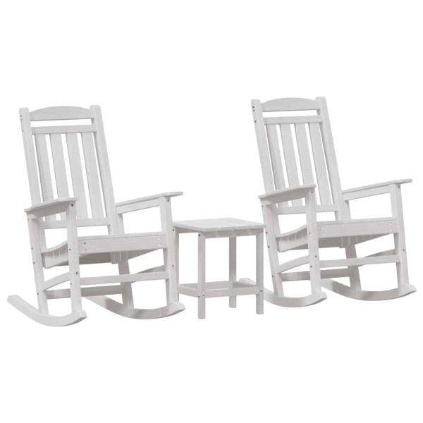 3-teiliges Garten Loungeset Weiß HDPE, Garten Schaukelstuhl Weiß 70x92x108 cm HDPE, Adirondack Beistelltisch Weiß 38x38x45 cm HDPE