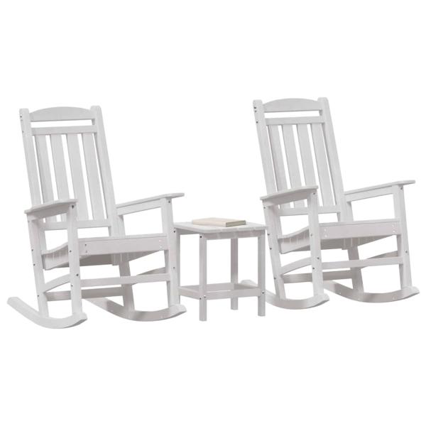 3-teiliges Garten Loungeset Weiß HDPE, Garten Schaukelstuhl Weiß 70x92x108 cm HDPE, Adirondack Beistelltisch Weiß 38x38x45 cm HDPE