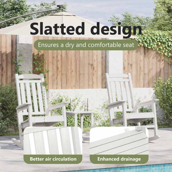 3-teiliges Garten Loungeset Weiß HDPE, Garten Schaukelstuhl Weiß 70x92x108 cm HDPE, Adirondack Beistelltisch Weiß 38x38x45 cm HDPE