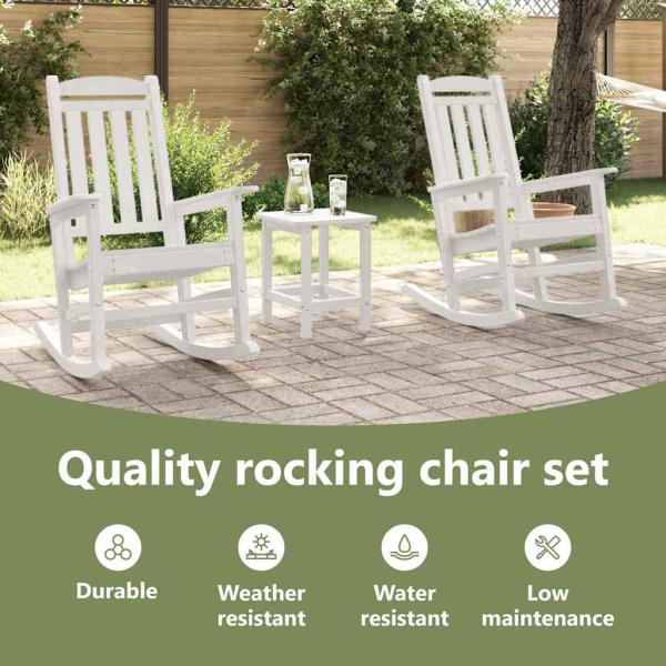 3-teiliges Garten Loungeset Weiß HDPE, Garten Schaukelstuhl Weiß 70x92x108 cm HDPE, Adirondack Beistelltisch Weiß 38x38x45 cm HDPE