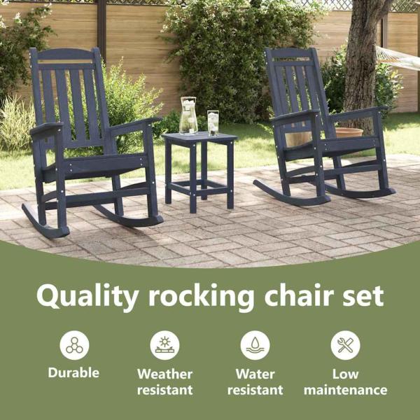 3 Teile Garten Lounge Set Marineblau HDPE, Garten Schaukelstuhl Marineblau 70x92x108 cm HDPE, Adirondack Beistelltisch Marineblau 38x38x46 cm HDPE