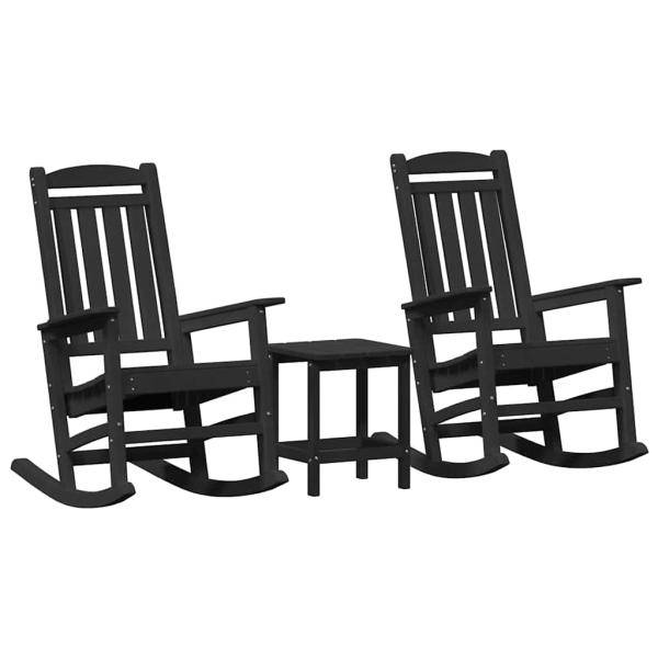 3-teiliges Garten Lounge Set Schwarz HDPE, Schaukelstuhl Schwarz 70x92x108 cm HDPE, Adirondack Beistelltisch Schwarz 38x38x45 cm HDPE