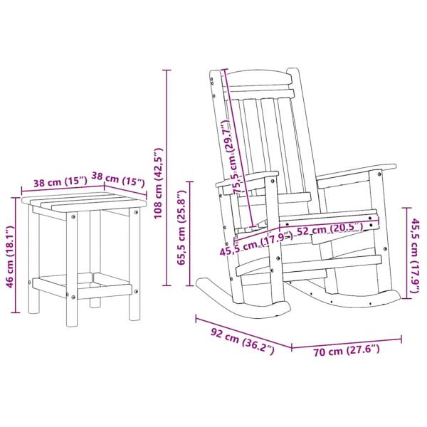 3-teiliges Garten Lounge Set Schwarz HDPE, Schaukelstuhl Schwarz 70x92x108 cm HDPE, Adirondack Beistelltisch Schwarz 38x38x45 cm HDPE