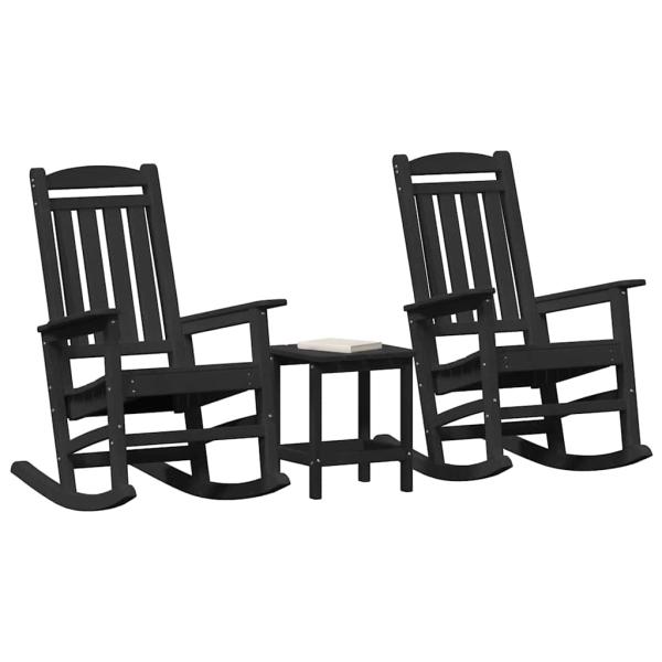 3-teiliges Garten Lounge Set Schwarz HDPE, Schaukelstuhl Schwarz 70x92x108 cm HDPE, Adirondack Beistelltisch Schwarz 38x38x45 cm HDPE