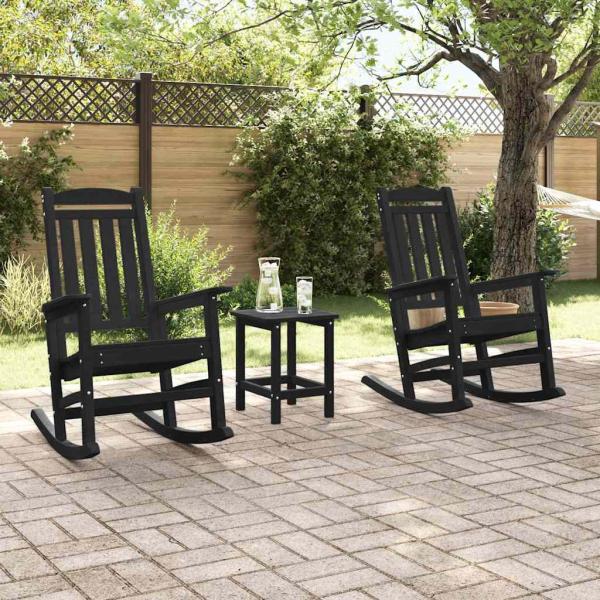 3-teiliges Garten Lounge Set Schwarz HDPE, Schaukelstuhl Schwarz 70x92x108 cm HDPE, Adirondack Beistelltisch Schwarz 38x38x45 cm HDPE