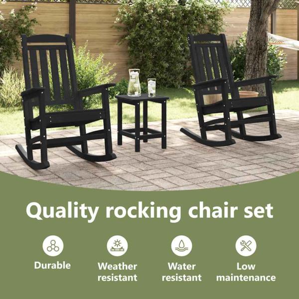 3-teiliges Garten Lounge Set Schwarz HDPE, Schaukelstuhl Schwarz 70x92x108 cm HDPE, Adirondack Beistelltisch Schwarz 38x38x45 cm HDPE