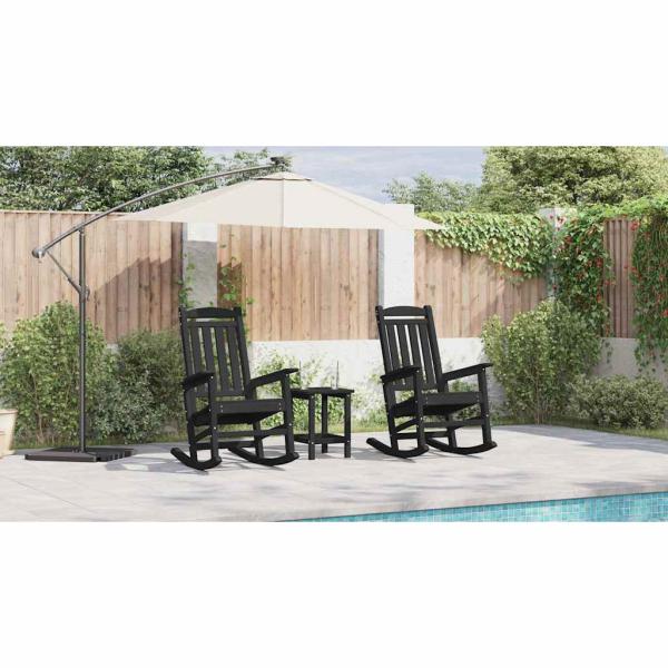 3-teiliges Garten Lounge Set Schwarz HDPE, Schaukelstuhl Schwarz 70x92x108 cm HDPE, Adirondack Beistelltisch Schwarz 38x38x45 cm HDPE