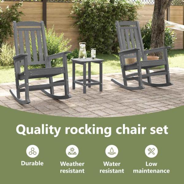 3 teiliges Garten Lounge Set Hellgrau HDPE, Garten Schaukelstuhl Hellgrau 70x92x108 cm HDPE, Adirondack Beistelltisch Hellgrau 38x38x45 cm HDPE