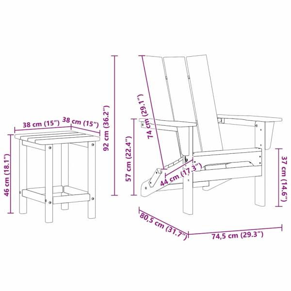 3-teiliges Garten Lounge Set Weiß HDPE, Klappbarer Adirondack Stuhl Weiß 74.5x80.5x90 cm HDPE, Adirondack Beistelltisch Weiß 38x38x45 cm HDPE